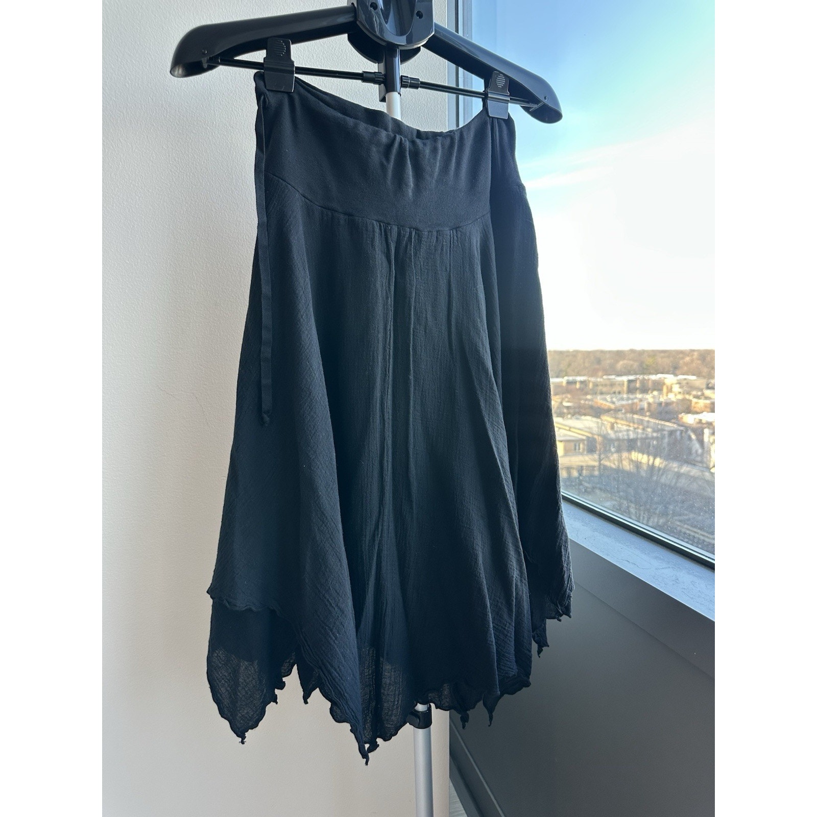 Cotton Palm Crinkle Cotton Asymmetric Midi Skirt Black M Pre Shrunk Whimsigoth